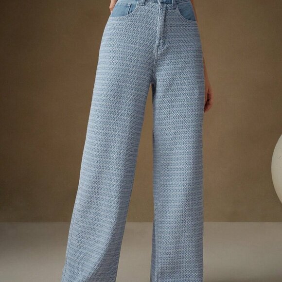 Blue Casual Women's Jacquard Weave Wide Leg Loose Fit Jeans - Picture 5 of 7